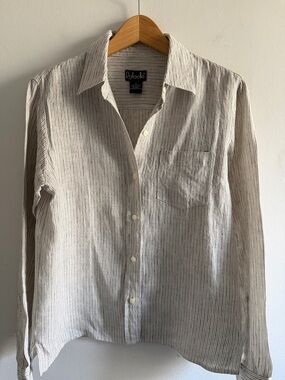Rafaella 100% linen Long-Sleeve Striped Button-Down Shirt in Cream and Gray
